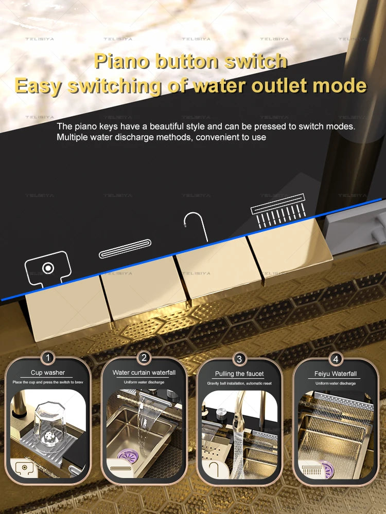 Stainless Steel Golden Sink Waterfall Outlet Slot Piano