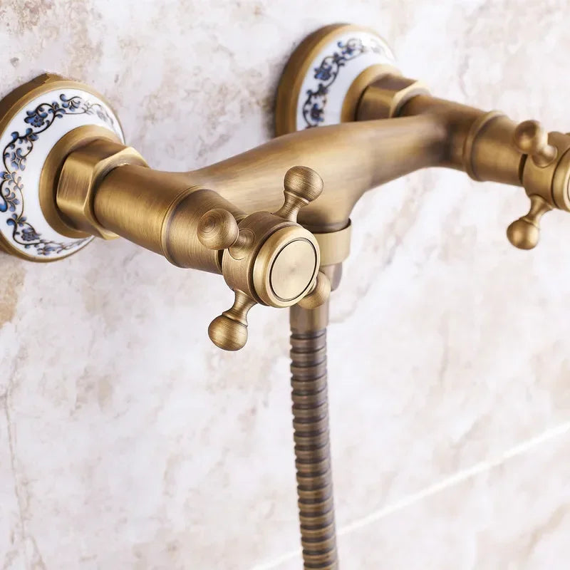 Retro Shower Faucets Antique Brass Ceramics Bathtub Faucets