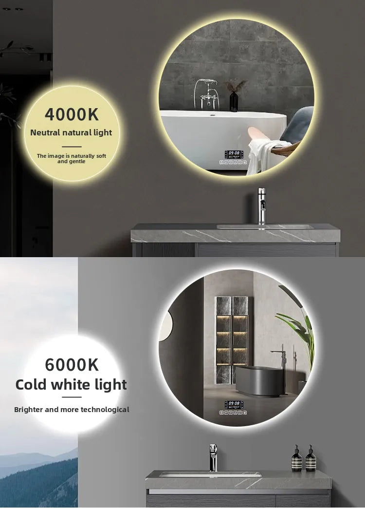 Round Smart Bathroom Mirror Wall-Mounted Led Light Touch