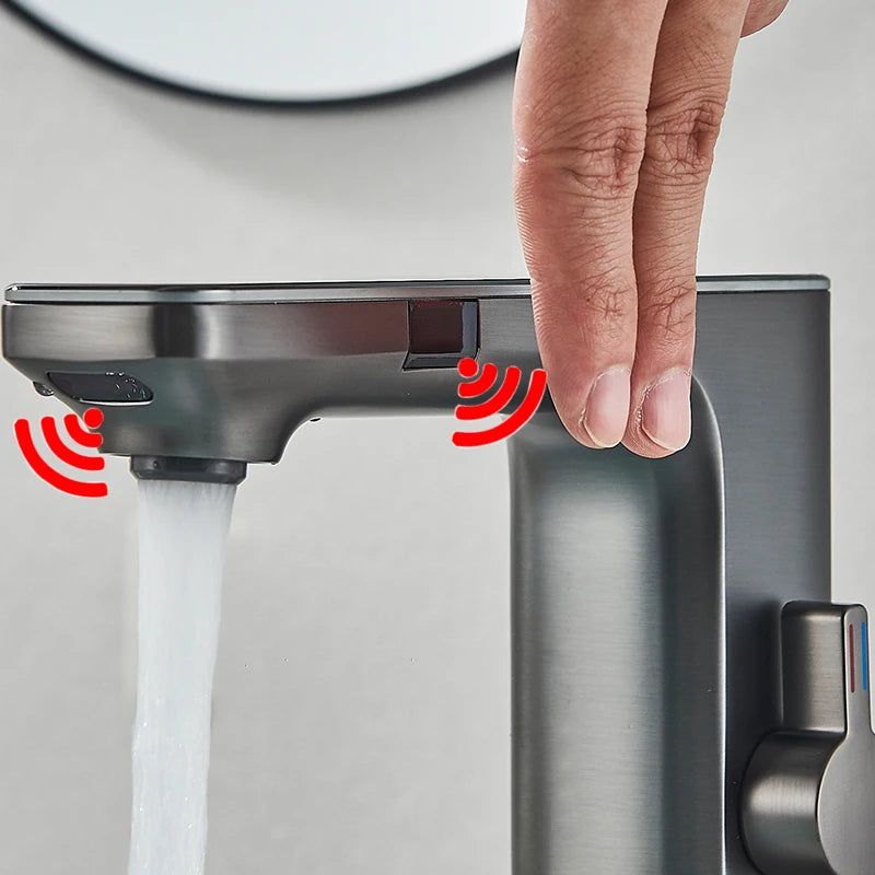 Gun Grey Smart Sensor Basin Faucet Digital Display