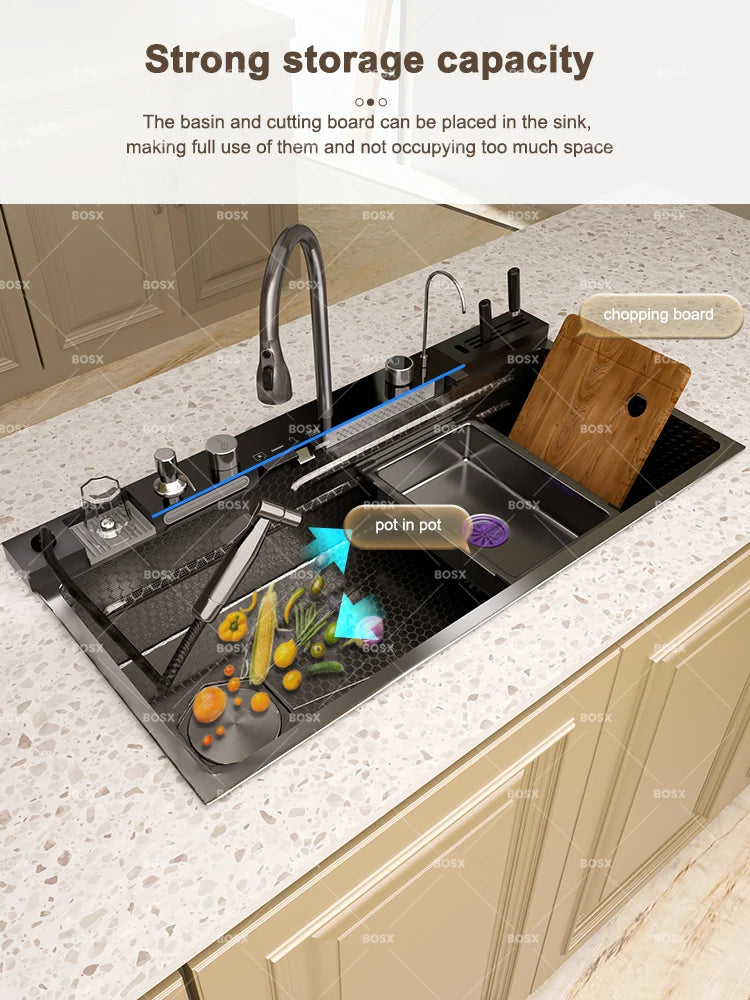 Waterfall Stainless Steel Sink Digital Display Faucet Wash