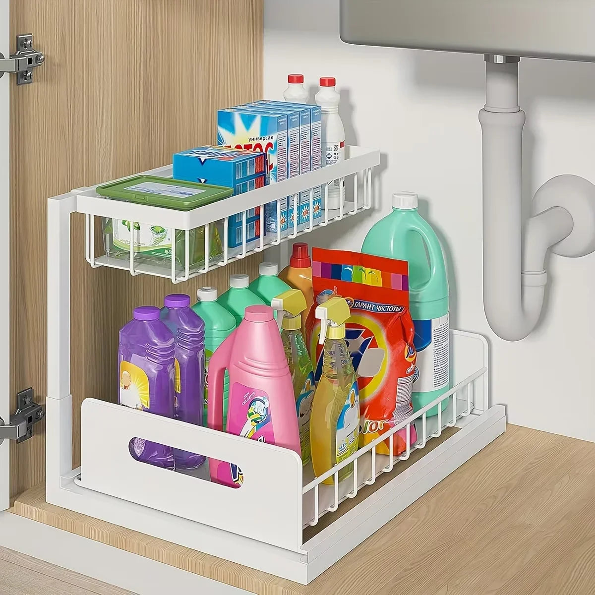 Tier Sliding Under Sink Storage Rack Rustproof Metal