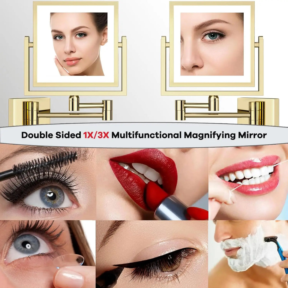 Square Touch Led Folding Bathroom Mirror 3x Magnifying