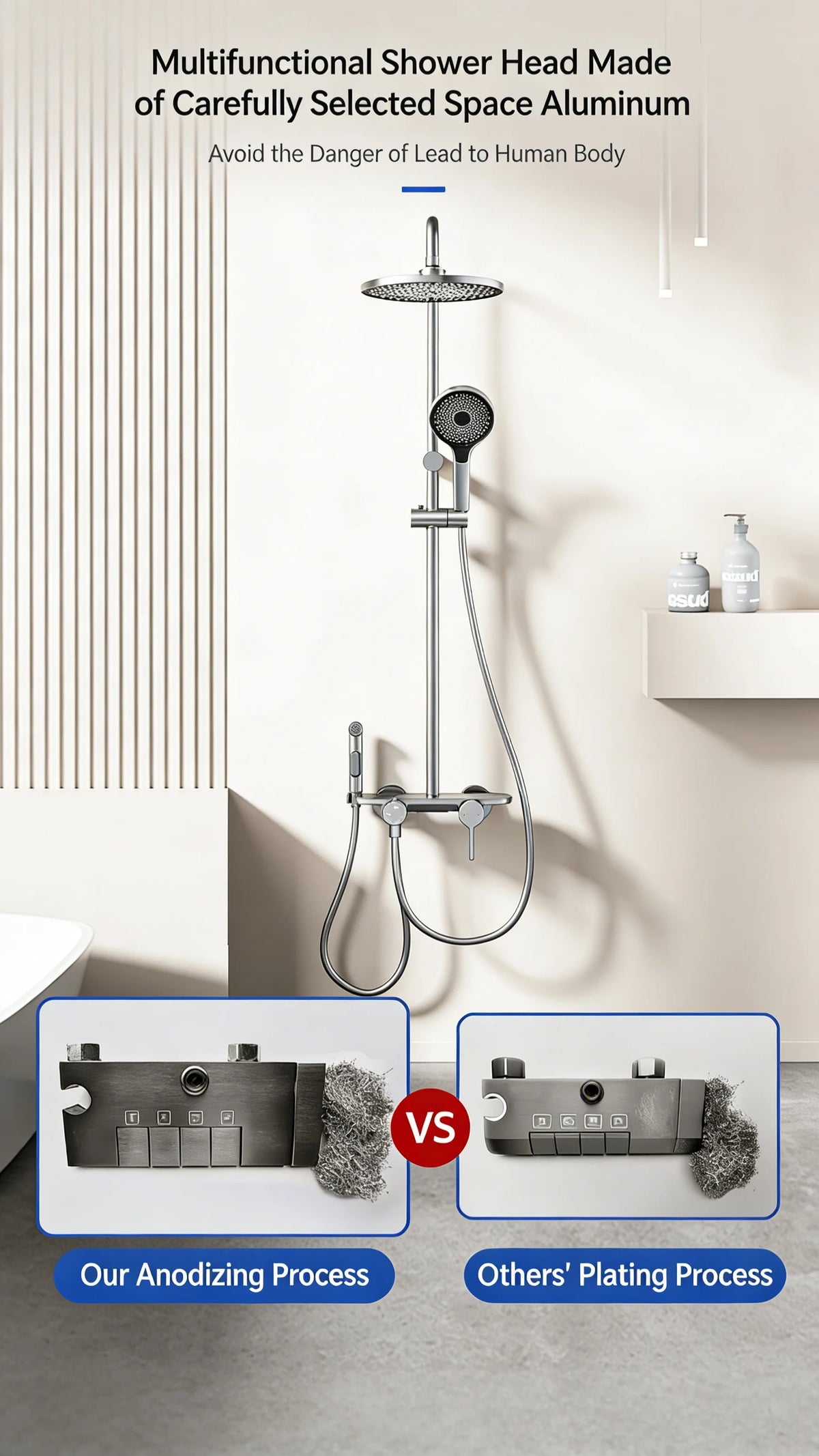 Modern Bathroom Gun Gray Aluminum Minimalist Shower Cold