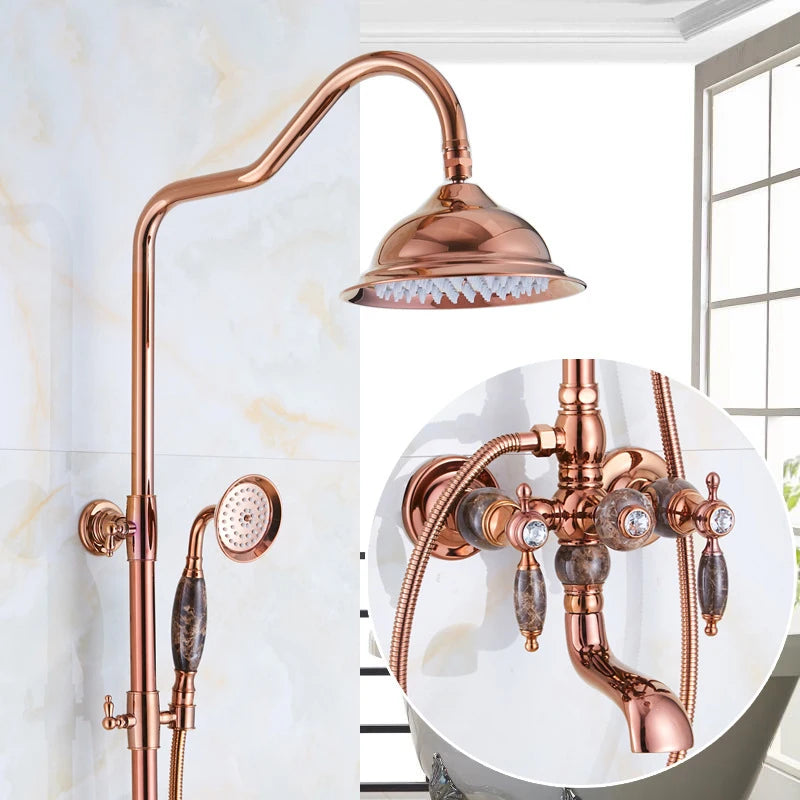 Brass Jade Shower Faucet Wall Mount Rose Gold