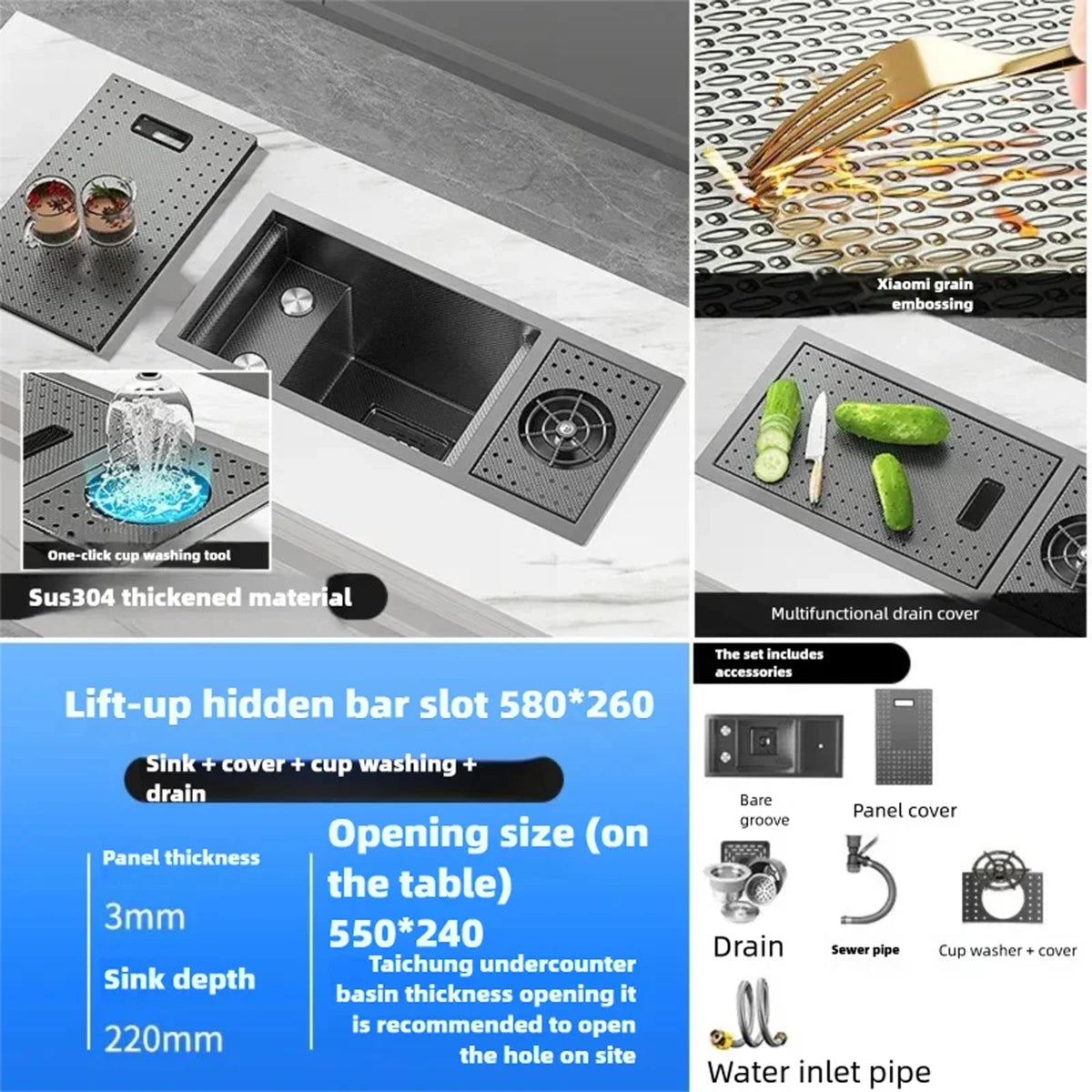 Cup Washer Hidden Bar Sinks Lid Multifunctionalstainless Steel