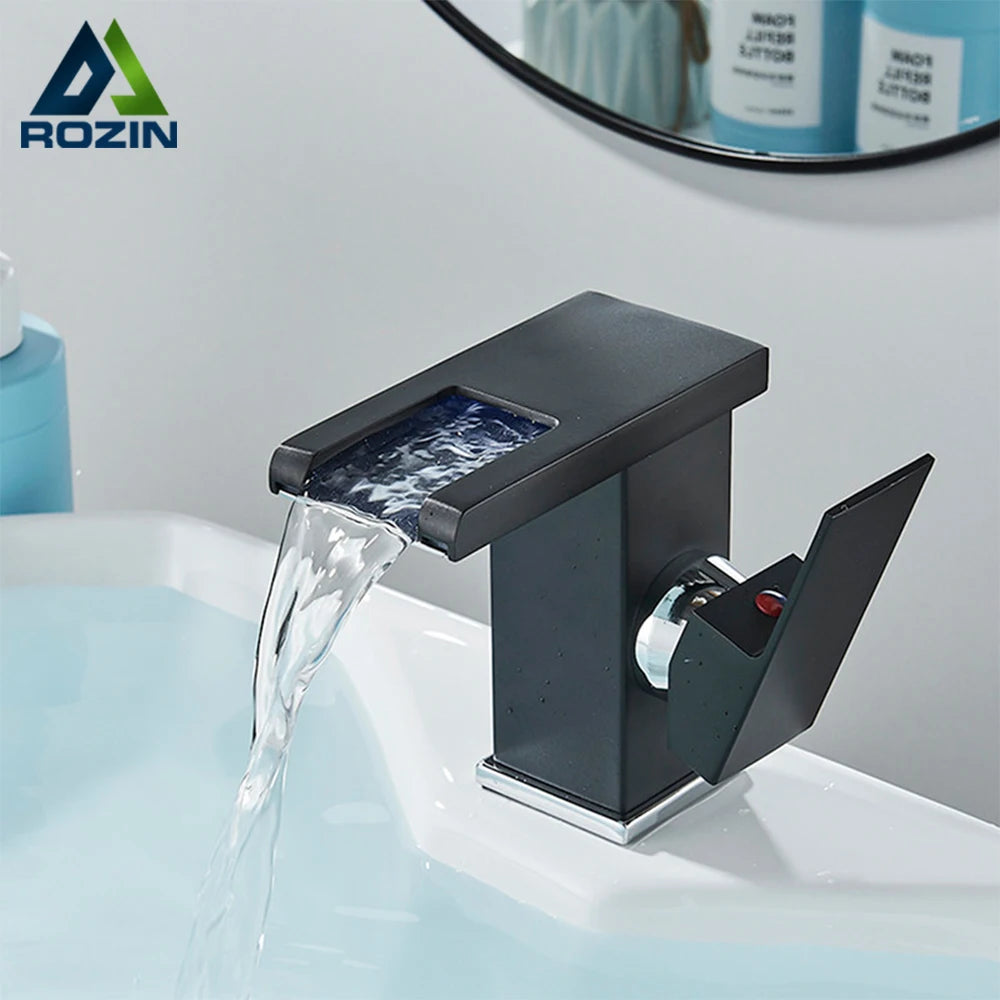 Rozin Led Bathroom Basin Faucet Black Waterfall Sink