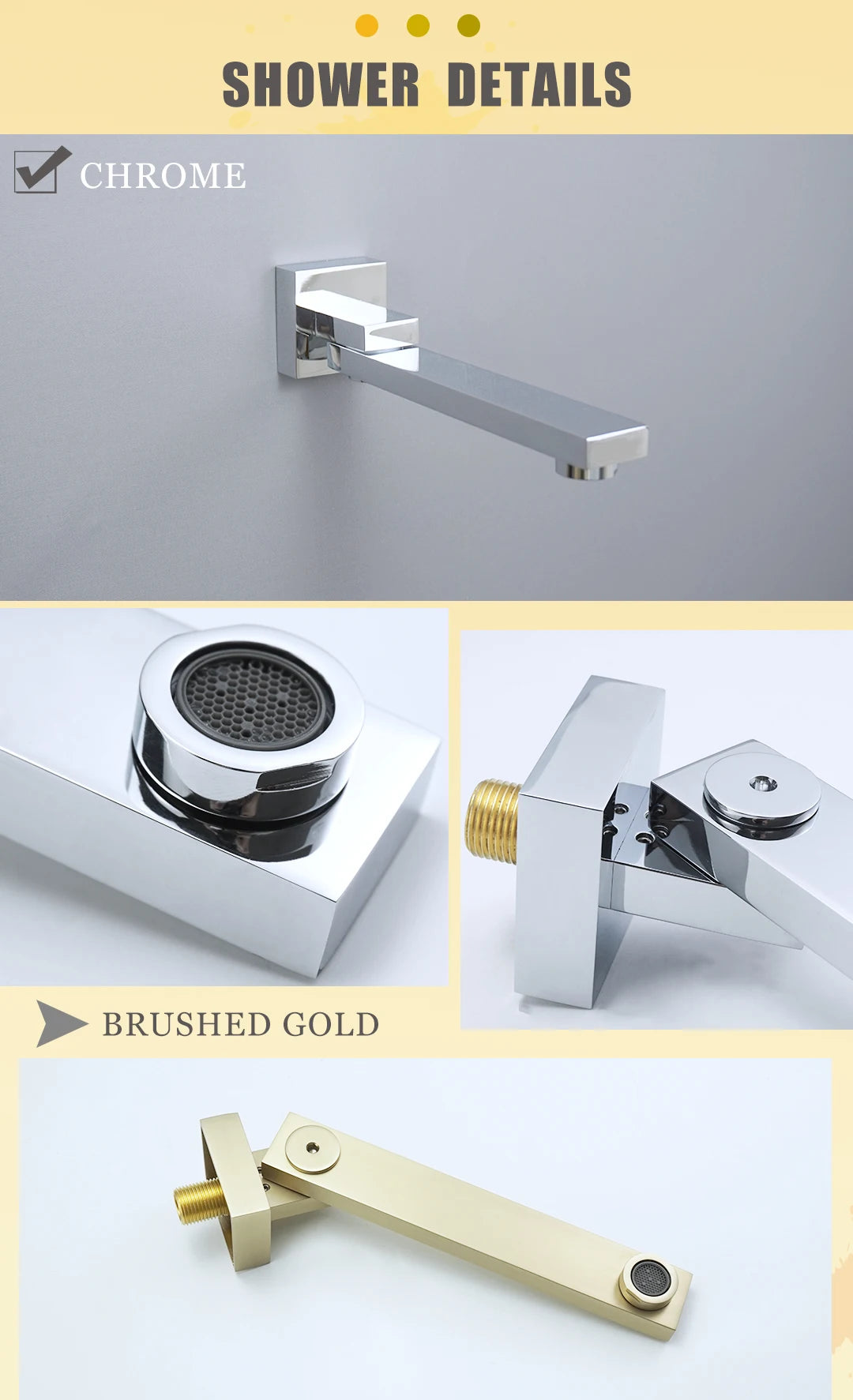 Brass Brushed Gold Mixer Faucet Wall-Mounted Round Square