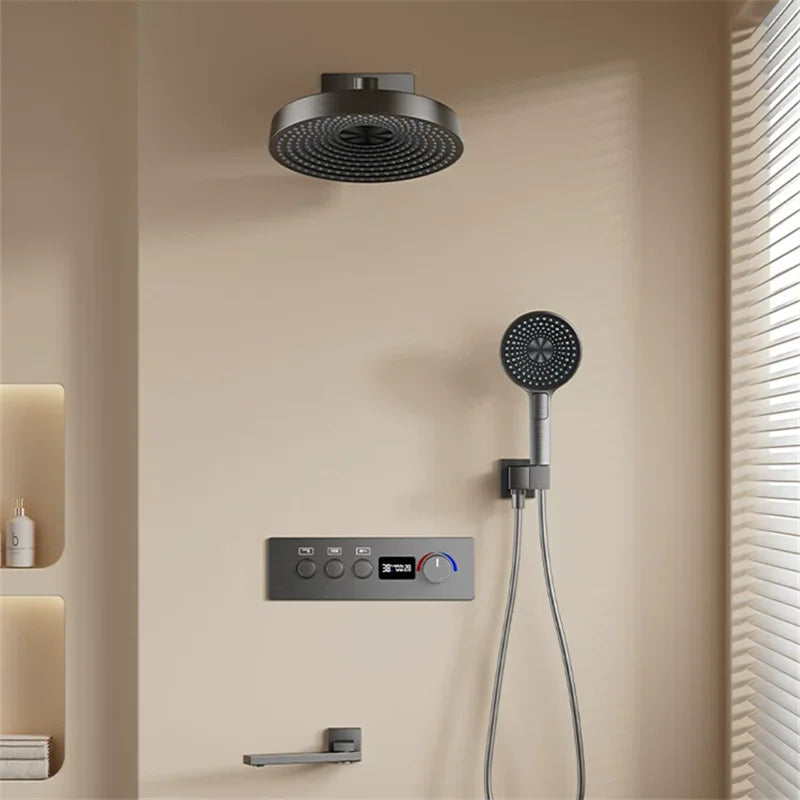Brushed Gold Thermostatic Bathroom Shower Faucet In Wall
