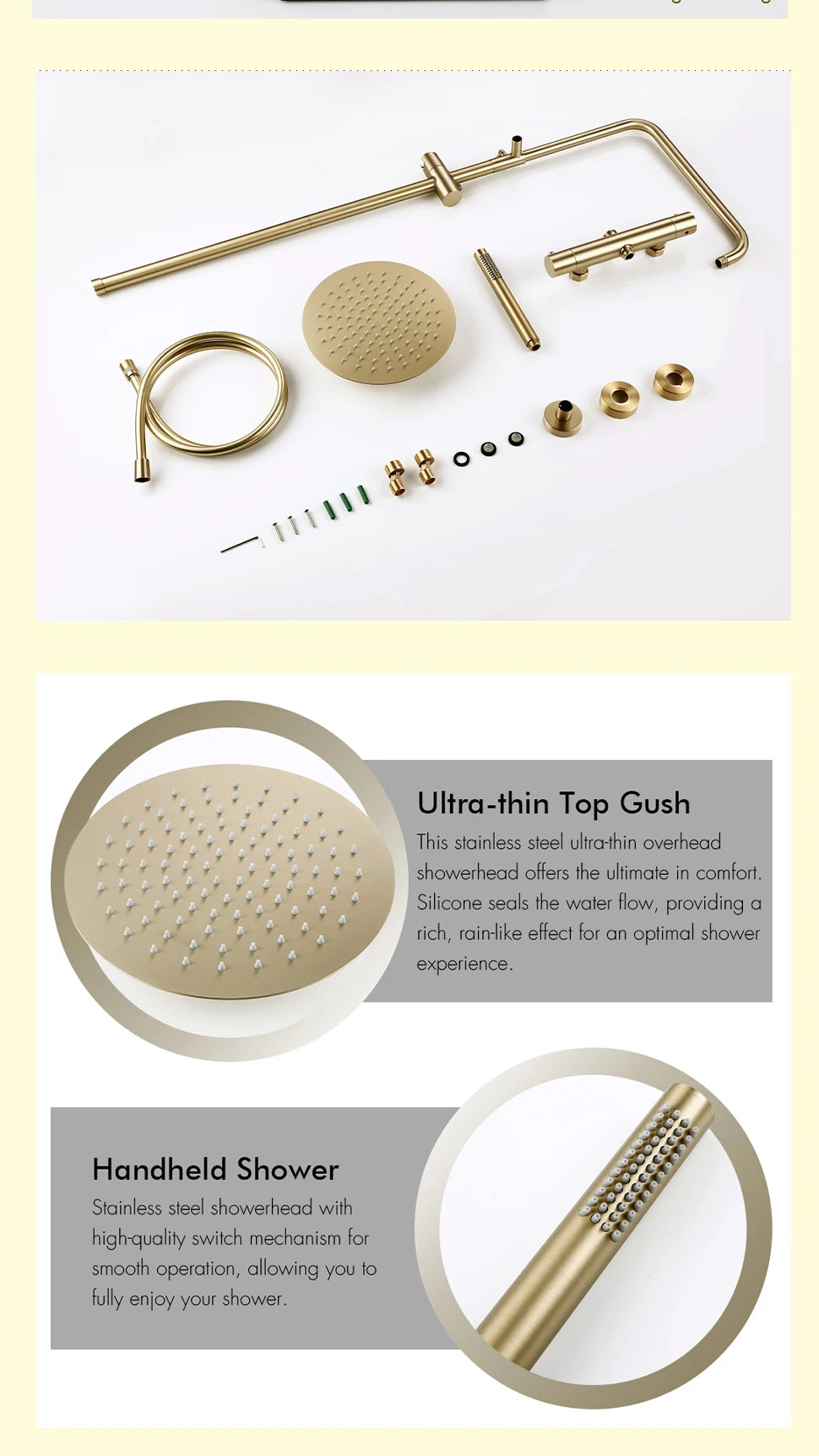 Brushed Gold Thermostatic Shower Faucets Sets Wall Mount