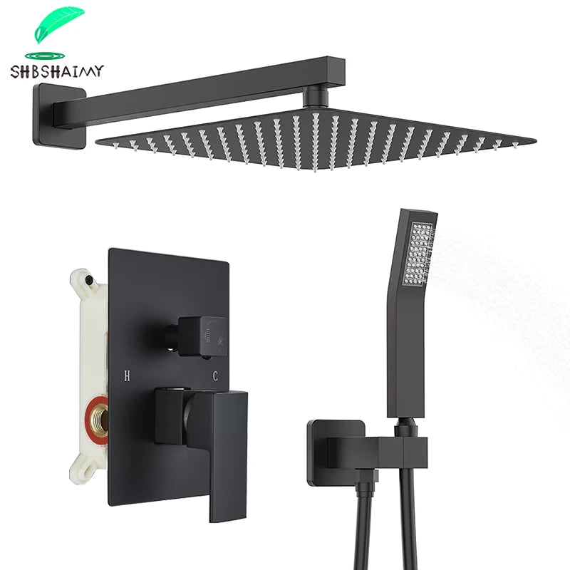 Matte Black Rainfall Shower Faucets Rain Waterfall Concealed