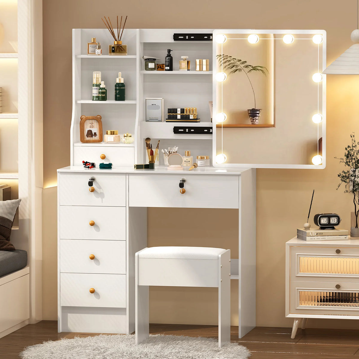 Lighted Vanity Desk Dressing Table Dresser Desk Stool