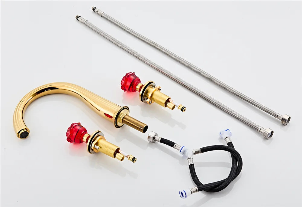 Gold Red Rose Basin Faucet Widespread Sink Tap
