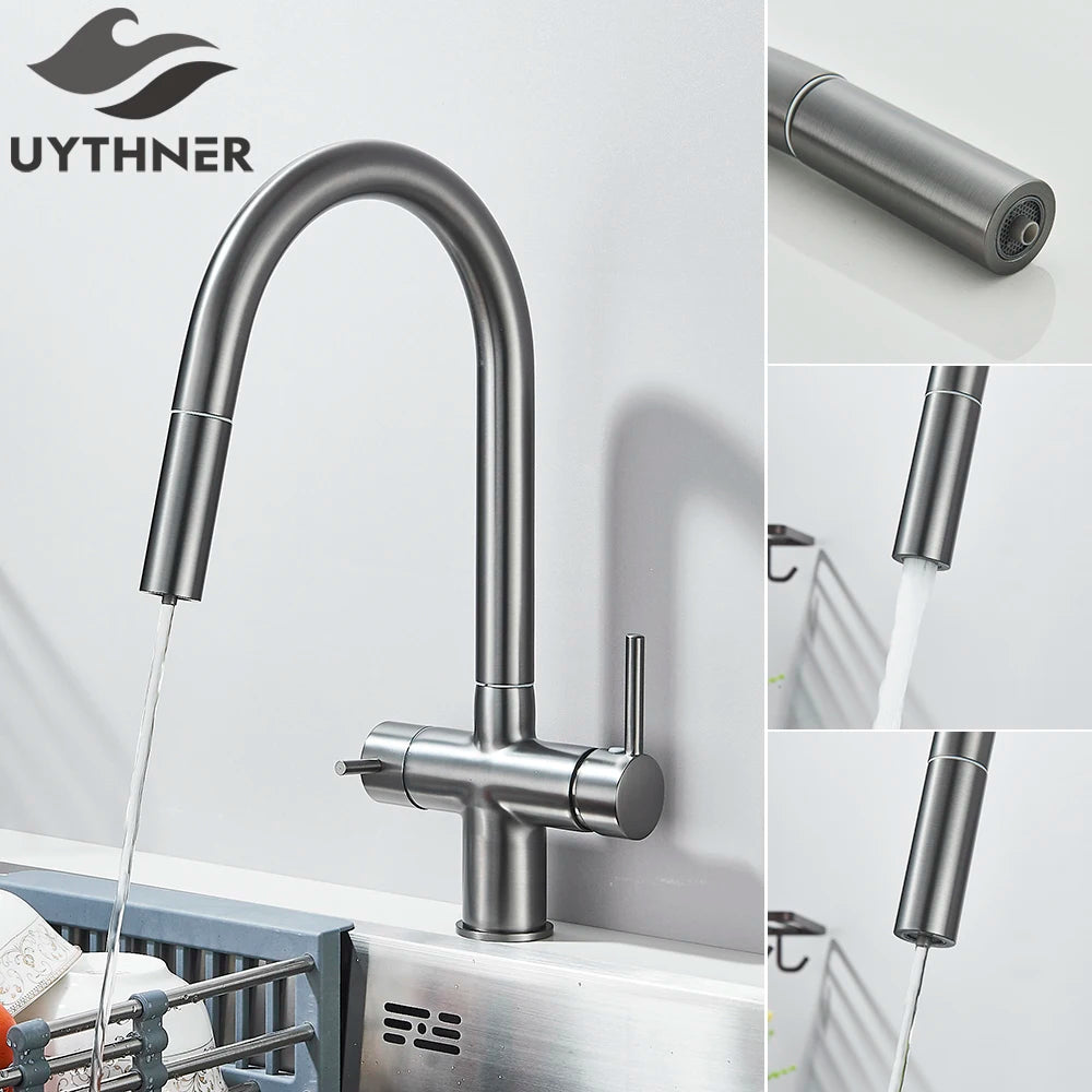 Brushed Gold Water Filter Faucet Dual Spout Pure