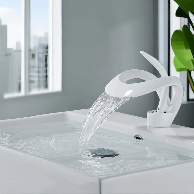 Black Bathroom Basin Taps Handle Waterfall Faucet Solid