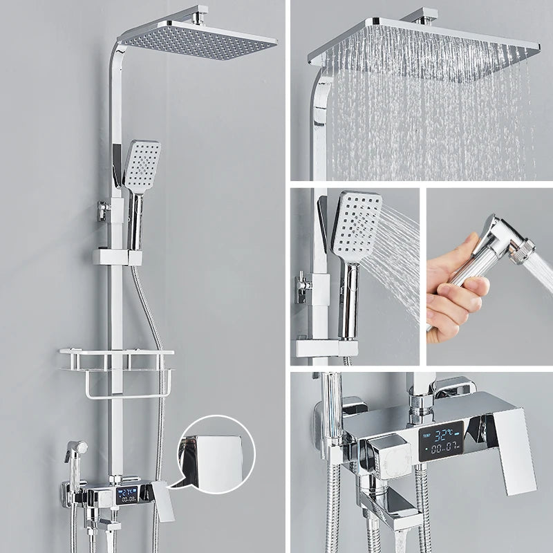 Black Digital Display Thermostatic Shower Faucets Rainfall Shower