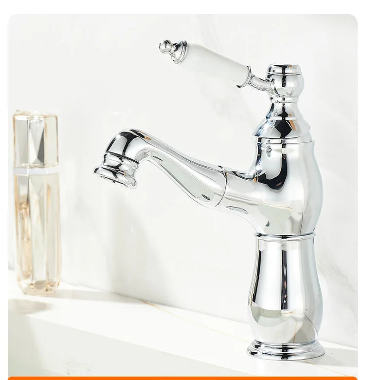 Gold Bathroom Ceramic Handle Basin Faucets Pull Out