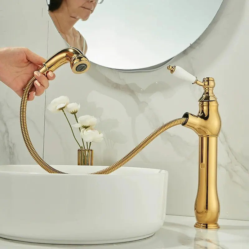 Gold Bathroom Ceramic Handle Basin Faucets Pull Out