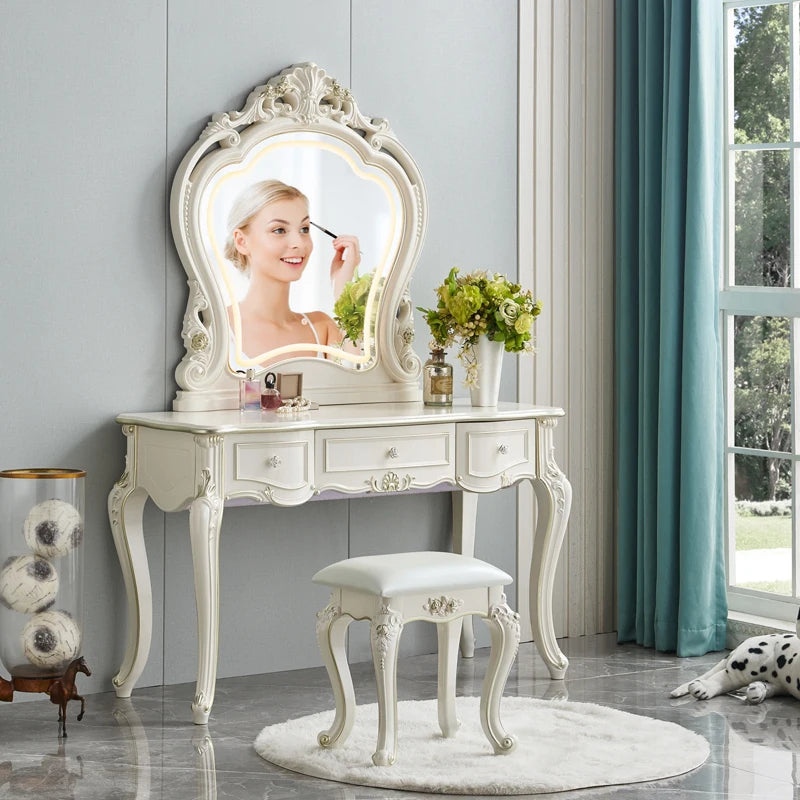 European Decor Makeup Vanity Desk Wooden Drawer White