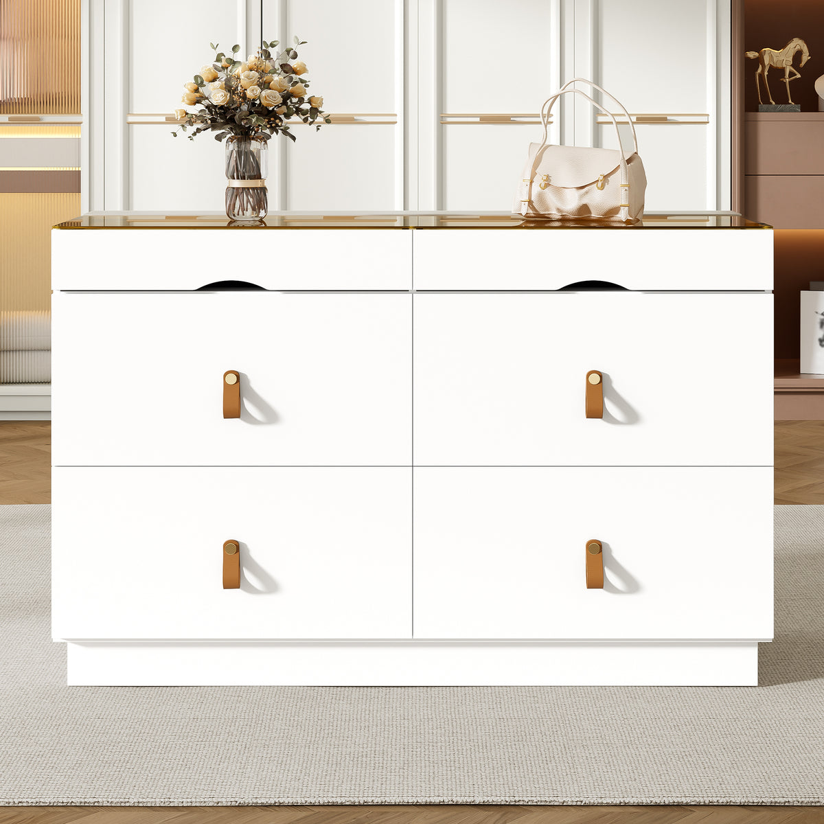 6-Drawer White Sliding Glass Sideboard Makeup Vanity Cabinet